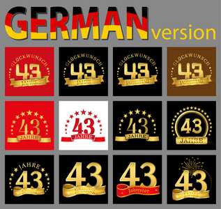 一套四十三年43年庆祝设计。 周年金号模板元素为您的生日聚会。 译自德国贺年纪念日