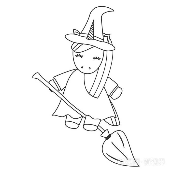 可爱的卡通独角兽女巫飞扫帚万圣节黑白矢量插图插画-正版商用图片13r