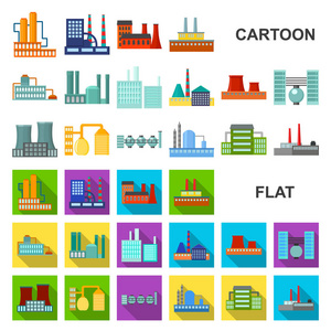 工厂和设施卡通图标集的设计。工厂和设备矢量符号库存 web 插图