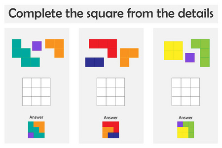 益智游戏，为儿童提供丰富多彩的细节，完成儿童学龄前工作表教育游戏，开发逻辑思维矢量插图。