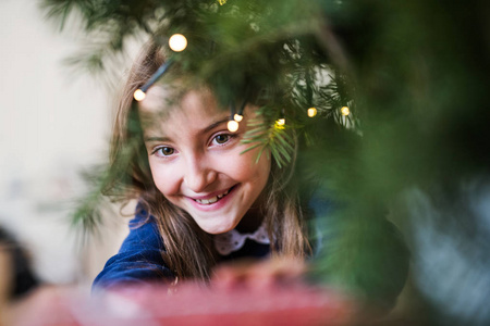 一个小女孩在家里站在圣诞树旁的特写。复制空间