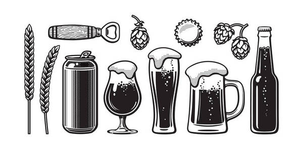 复古啤酒套装。大麦, 小麦, 罐头, 玻璃, 杯子, 瓶子, 开瓶器, 啤酒花, 瓶盖。向量例证。啤酒节, 酒吧, 酒吧设计