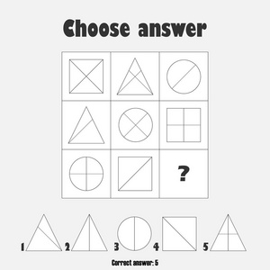 为儿童选择正确答案几何形状的IQ测试儿童趣味教育游戏学龄前工作表活动逻辑思维矢量插图的开发任务