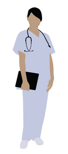 女护士拿着数码平板电脑站在白色背景下