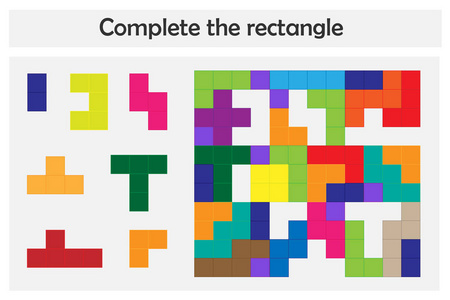 益智游戏，儿童丰富多彩的细节，完成长方形，二级，儿童教育游戏，学前工作表活动，发展逻辑思维任务，矢量插图
