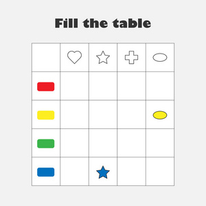 为孩子们填充五颜六色的几何形状，为孩子们提供有趣的教育游戏，学前工作表活动，逻辑思维发展任务，矢量插图