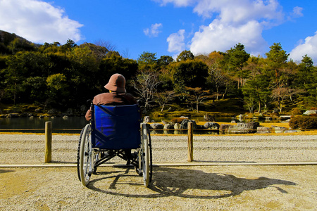 坐在轮椅上看公园里的树木和山景的老妇人