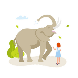 可爱的小女孩看着大大象在接触动物园向量平面图。非洲大象查出的白色背景