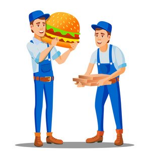 比萨饼, 快餐送货人在制服和比萨饼盒, 巨大的汉堡在手向量。孤立插图