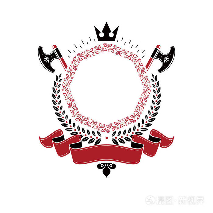 由皇家皇冠元素斧头和豪华丝带组成的图形徽章纹章纹章纹章纹饰孤立