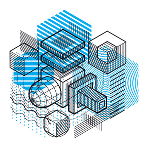 线和不同元素的等距抽象，矢量抽象背景..立方体，六边形，正方形，长方形和不同抽象元素的组成..