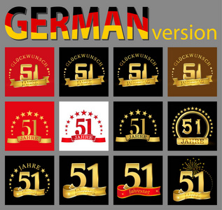 套数五十一51年庆典设计..周年金号模板元素为您的生日聚会..德语翻译祝贺，岁月，周年纪念