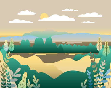 潮banner村庄景观中新潮平式矢量插图.