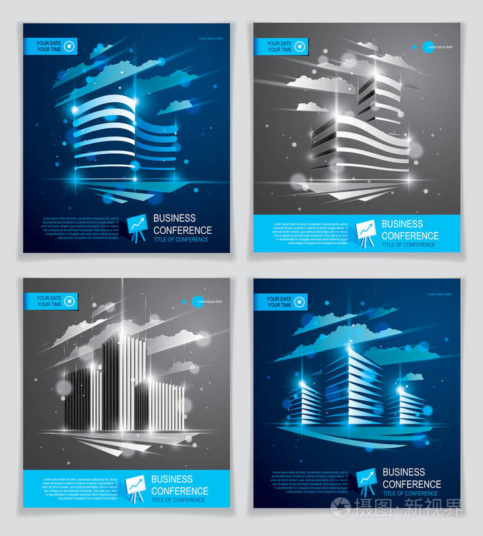 写字楼宣传册一套，现代建筑矢量传单模糊灯光和眩光效果。地产商业中心蓝色设计..3D未来主义立面商业会议模板。