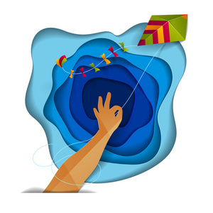 情感的自由手握风筝的抽象曲线形状的蓝天,自由和轻松的情感概念,矢量