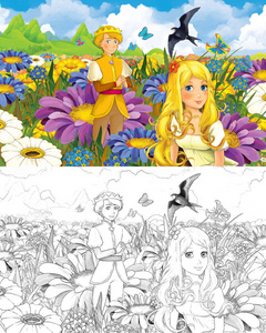 卡通场景与美丽的小精灵女孩在草地上与精灵王子与着色页创意插图儿童