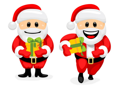 圣诞老人角色集。 圣诞老人送圣诞礼物。 白色背景上卡通风格的矢量插图。