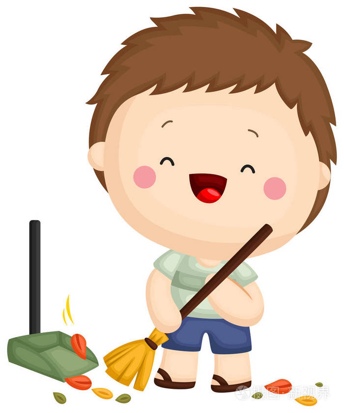 一个男孩用许多颜色扫落叶