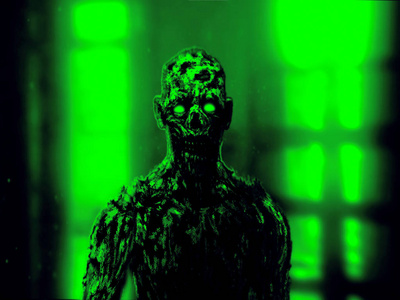 可怕的僵尸启示录的脸. 恐怖类型. 绿色背景色.照片