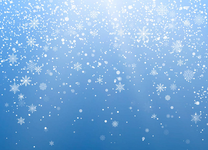 季节性寒假背景。 蓝天上喜庆的降雪。 白色雪花飘落。 霜雪和阳光。 矢量插图