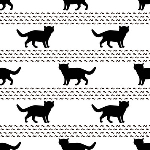 无缝图案与黑色猫的轮廓。 矢量插图