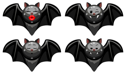 万圣节蝙蝠表情的矢量集。 白色背景卡通风格中不同情绪的蝙蝠角色集合