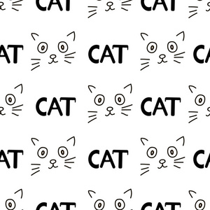 无缝图案与猫的脸和文字猫。 矢量插图