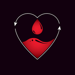 矢量红心与血液循环铭文与方向箭头在黑暗的背景。 输血隐喻医学护理徽章用于药房。