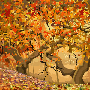 卡通秋林，有橙色和黄色的叶子，在赭色鳞片上