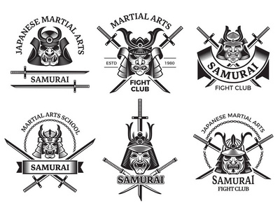 武士侵略性战士面具和剑武士刀向量标签徽标或纹身设计照片