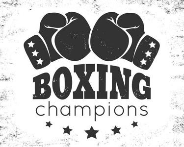 矢量复古标志的拳击与两只手套. 带手套拳击的复古徽章.照片