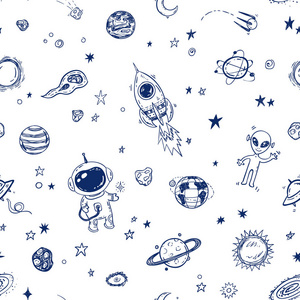 涂鸦空间图案设计与手绘宇航员火箭行星和恒星