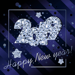 2019年新年快乐祝贺深蓝背景的银色亮片与条纹闪光框星