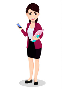 亚洲商务女性穿着工作服。 美丽的女士卡通人物持有智能手机和文件。 在白色背景上隔离的矢量插图。