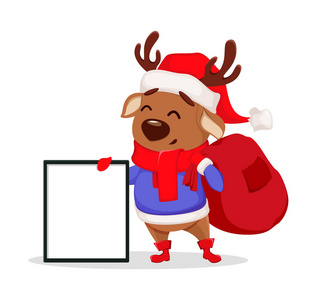 圣诞快乐。 可爱的鹿戴着圣诞老人的帽子和围巾。 欢快有趣的卡通人物抱着大的空白框。 白色背景矢量插图