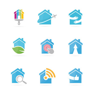 房地产标志组合的集合。房子和建筑符号或图标。独特的租金和建筑标识设计模板