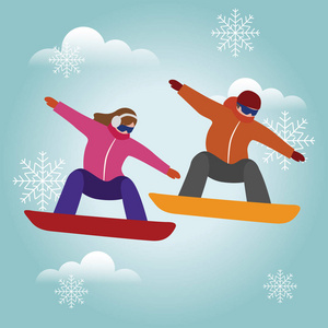 等距孤立向量人和妇女滑雪。城市风格和在公园的热技巧。滑雪, 冬季运动。奥运会游戏, 娱乐生活, 活动速度极端