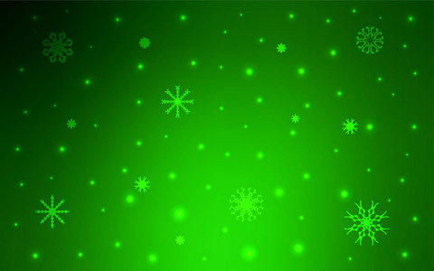 浅绿色矢量布局与明亮的雪花。 装饰闪亮的插图与雪在抽象模板。 新年设计为您的商业广告。