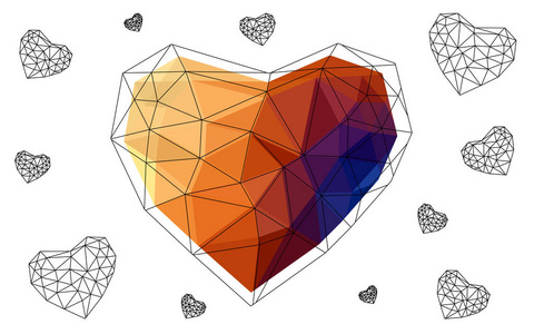 s Day. Lettering with hearts on the white polygonal background. 