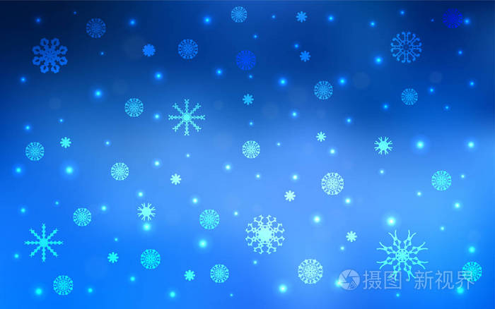 浅蓝色矢量布局与明亮的雪花. 雪在模糊的抽象背景上有梯度.