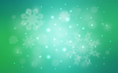浅绿色矢量布局与明亮的雪花。 模糊装饰设计在圣诞节风格与雪。 模板可以用作新年背景。