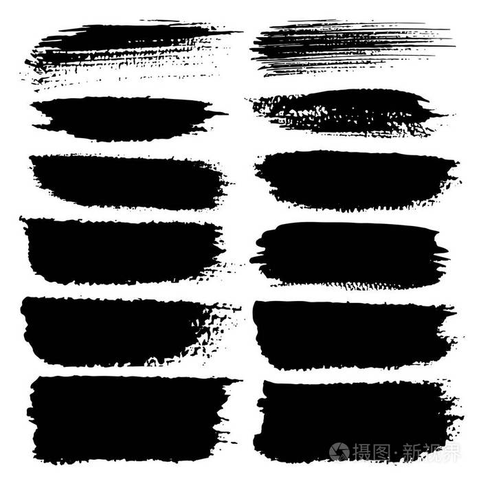 一套毛笔笔画黑色墨水笔画矢量图