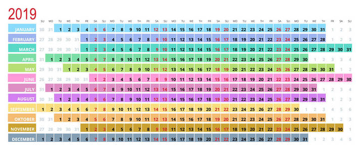 模板日历2019。周从星期日开始。12月套