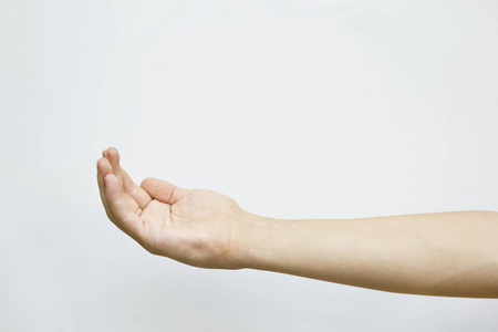 开放雄性手掌的手势孤立在白色背景上。