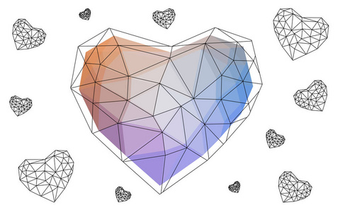 s Day. Lettering with hearts on the white polygonal background. 