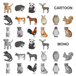 逼真的动物卡通图标集合中的设计。野生和家畜矢量符号股票网页插图