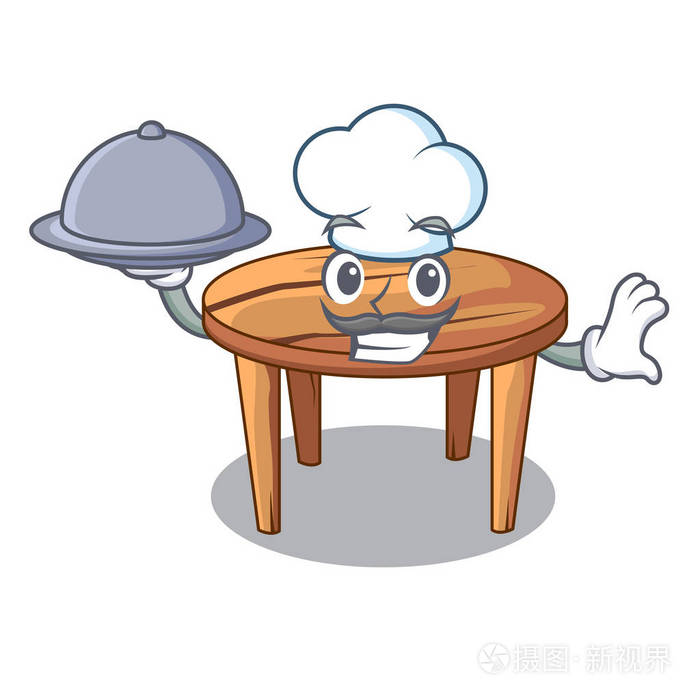 厨师与食品卡通木制餐桌厨房矢量插图