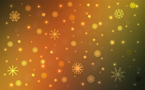 深绿色黄色矢量覆盖美丽的雪花。 闪耀的彩色插图与雪在圣诞节风格。 该模式可用于新年传单。