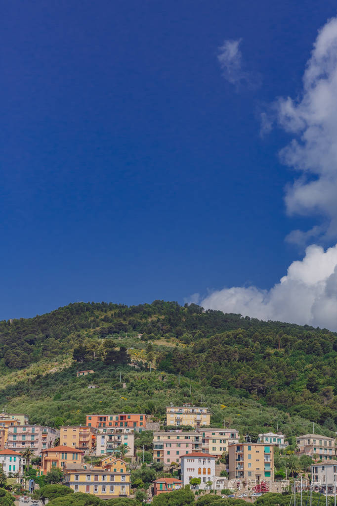 意大利辛基特附近的波尔图威尼斯镇，蓝天下的山丘上的房子