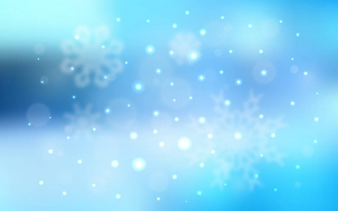 浅蓝色矢量覆盖美丽的雪花。 雪在模糊的抽象背景上有梯度。 模板可以用作新年背景。